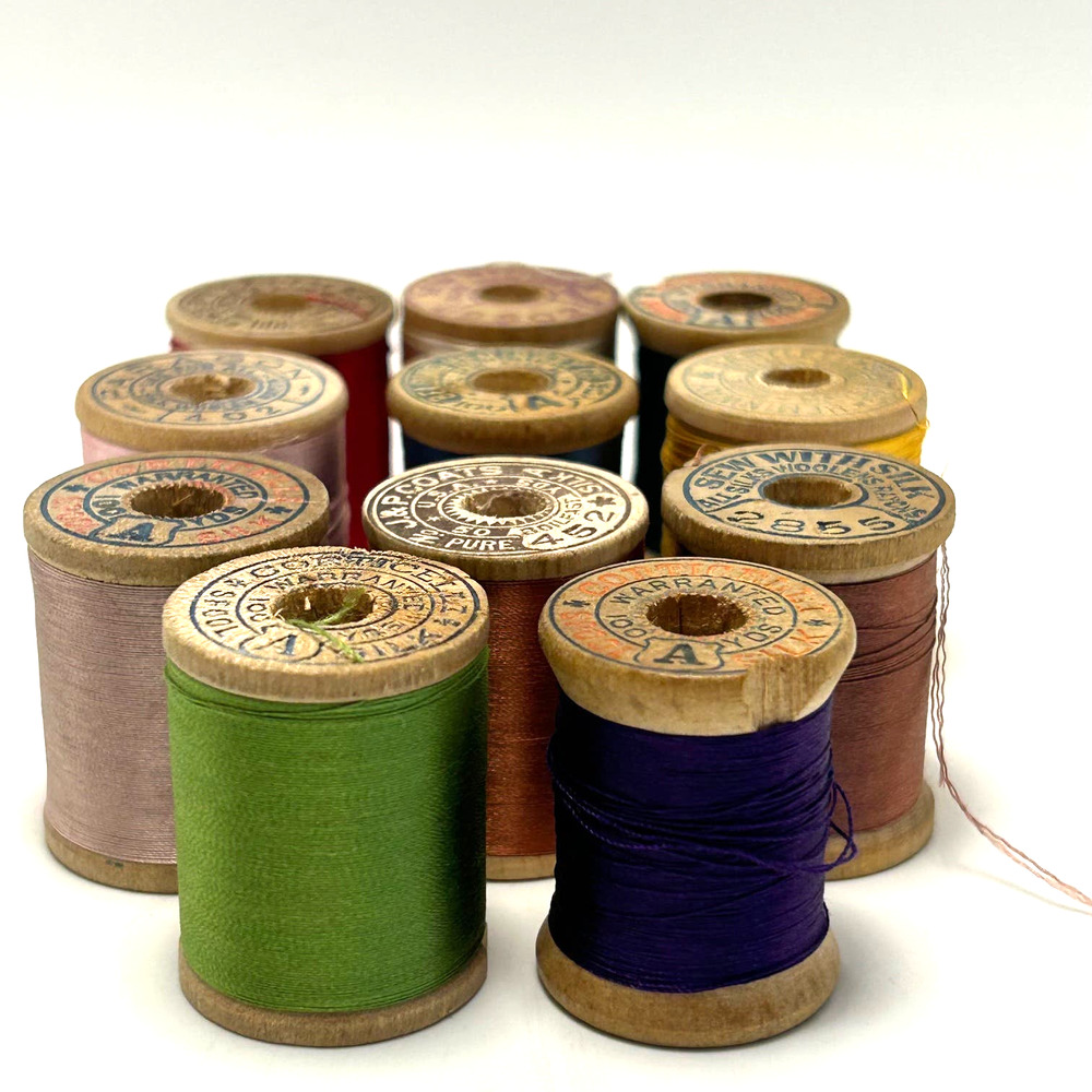 Vintage Silk‎ Thread on Wooden Spools Lot of 11
